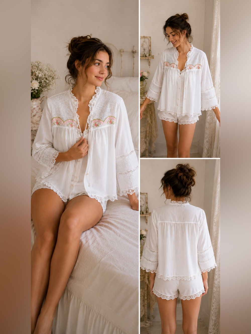 Vintage Cottagecore Bed Jacket / Bedtopper Blouse White Lace & Floral Embroidery
